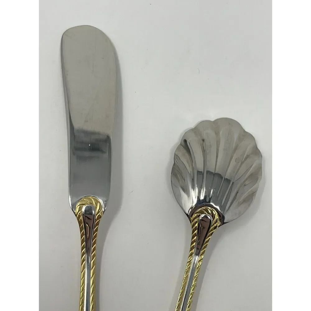 Oneida GOLDEN BELMONT Stainless Rope Edge Gold Butter Spreader Sugar Shell Spoon